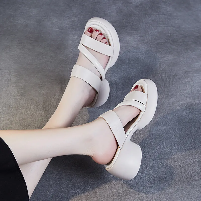 Women Minimalist Soft Leather Wedge Slides Sandals