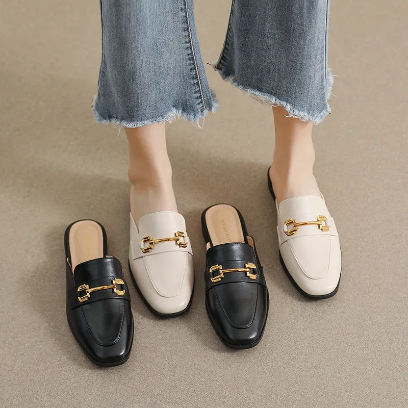 Women Retro Buckle Flat Mules Slip On Shoes