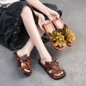 Women Retro Casual Flower Leather Flat Slides