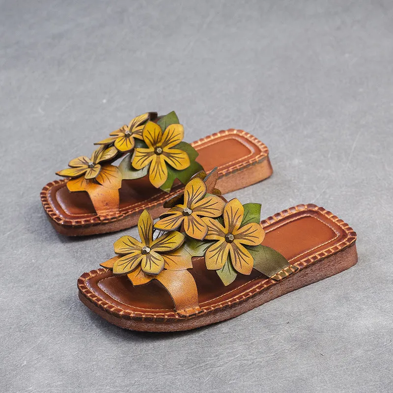 Women Retro Casual Flower Leather Flat Slides