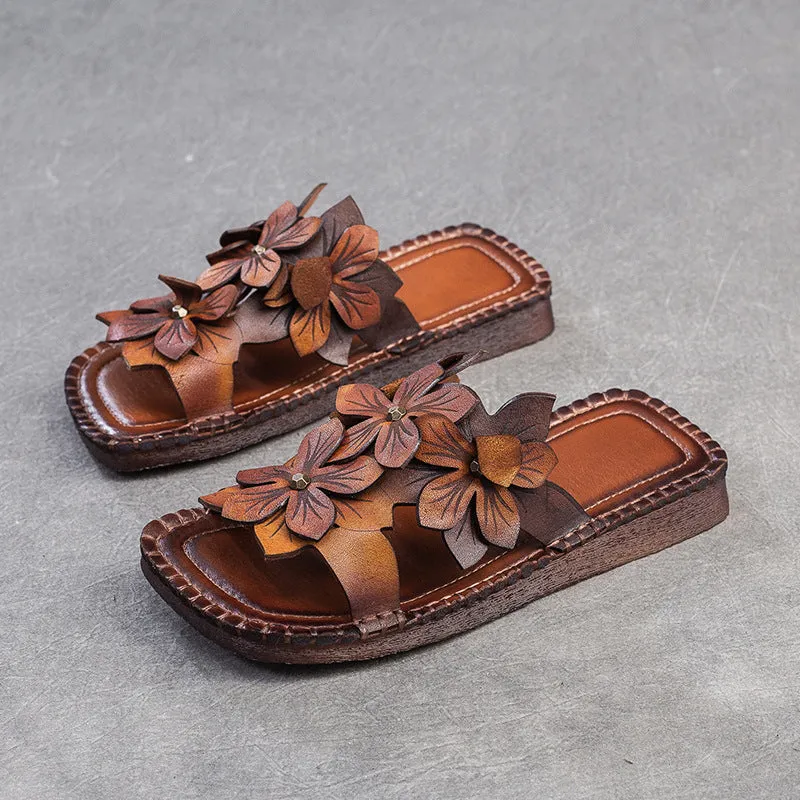 Women Retro Casual Flower Leather Flat Slides