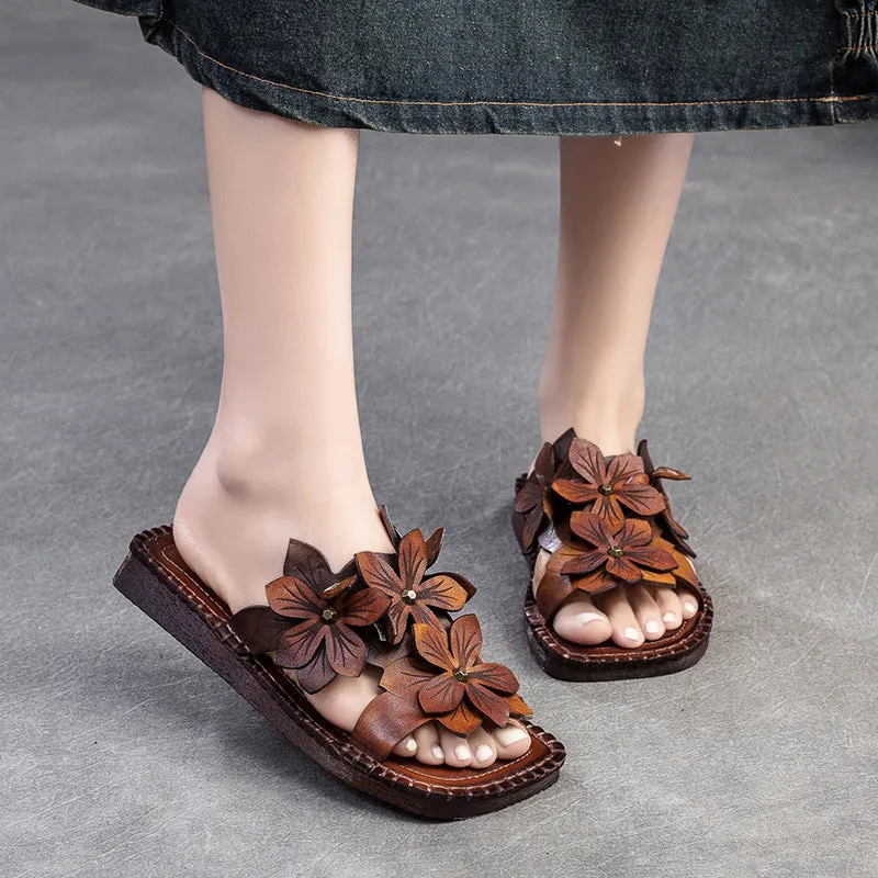 Women Retro Casual Flower Leather Flat Slides