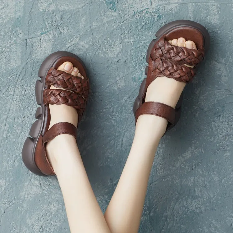 Women Retro Handmade Plaited Leather Summer Sandals