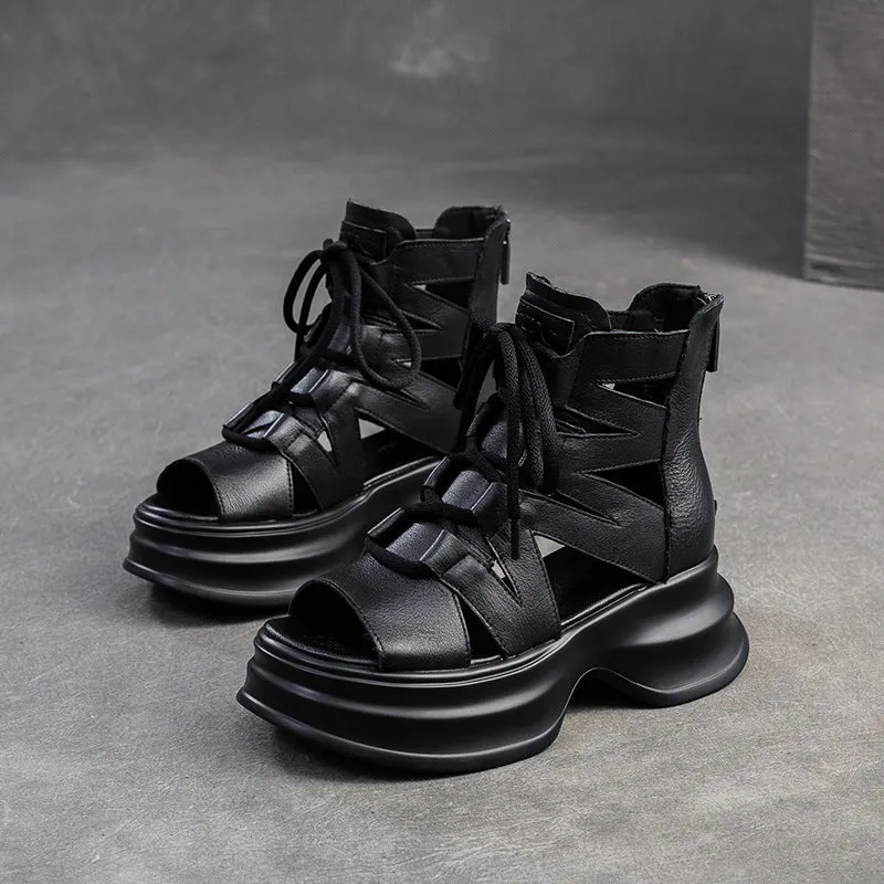 Women Retro High Top Leather Platform Sandals