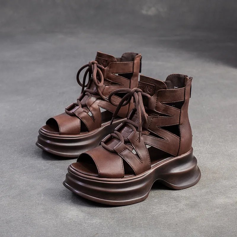 Women Retro High Top Leather Platform Sandals