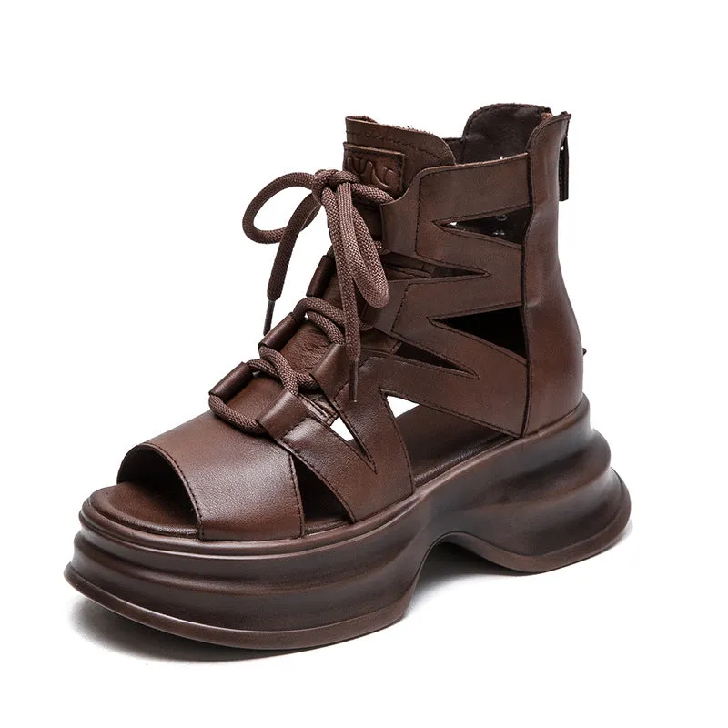 Women Retro High Top Leather Platform Sandals