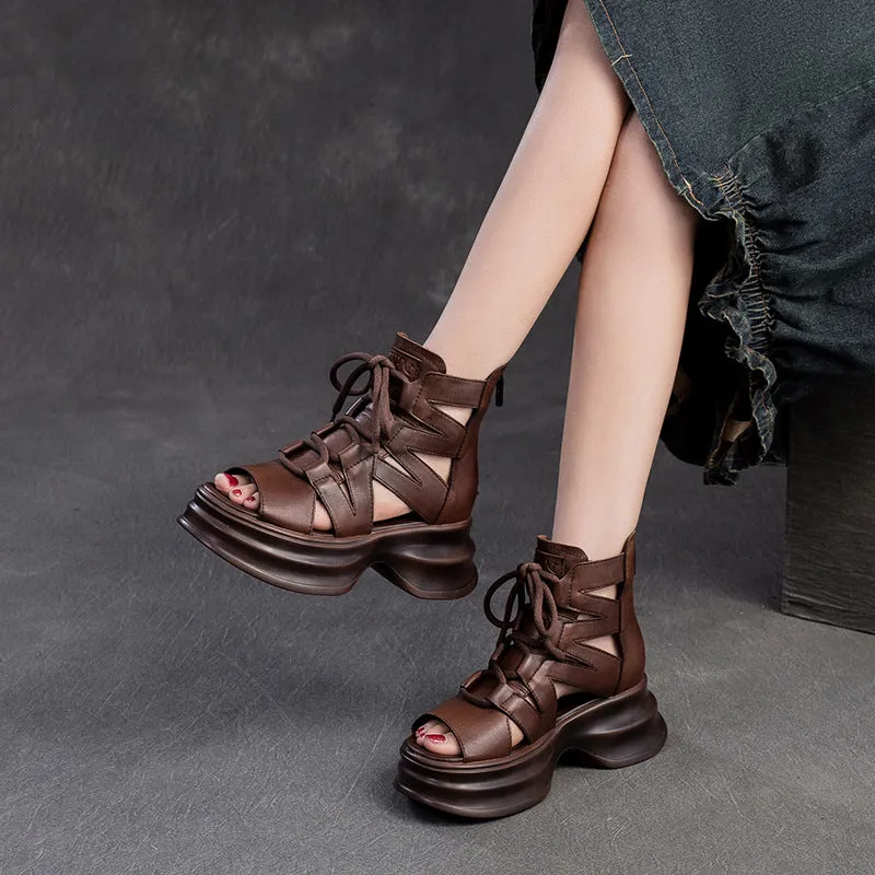 Women Retro High Top Leather Platform Sandals