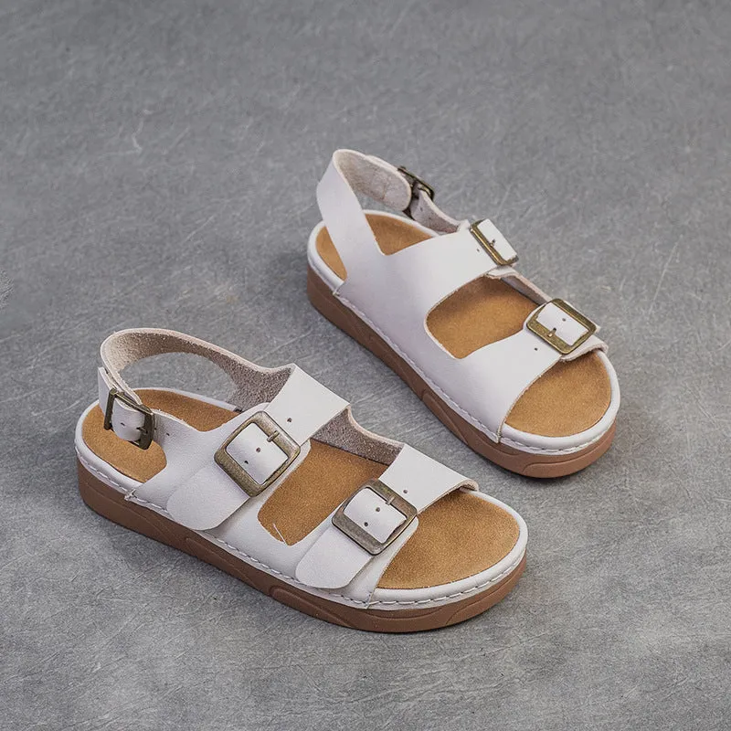 Women Retro Leather Flat Casual Buckle Sandals