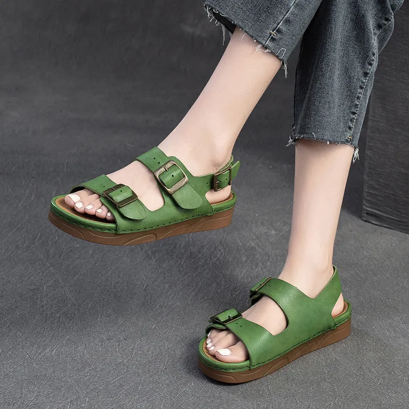 Women Retro Leather Flat Casual Buckle Sandals