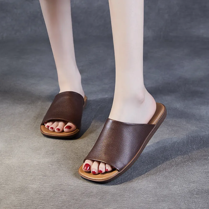 Women Retro Leather Flat Soft Casual Slides