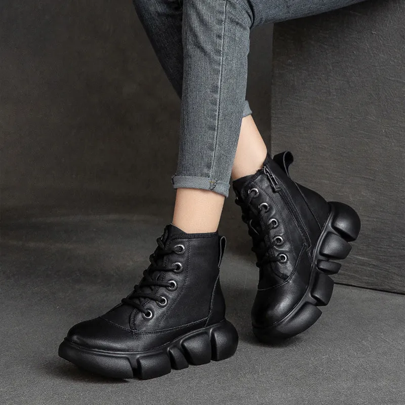 Women Retro Minimalist Leather Furred Platform Boots