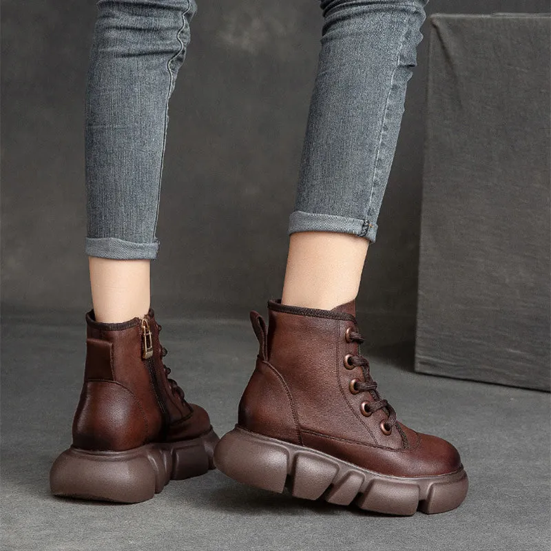 Women Retro Minimalist Leather Furred Platform Boots