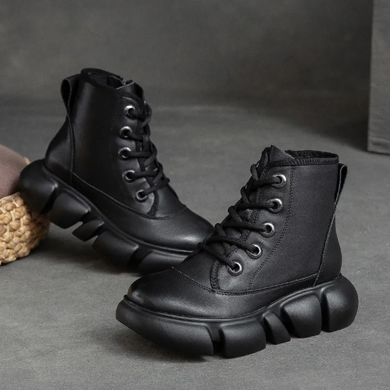 Women Retro Minimalist Leather Furred Platform Boots