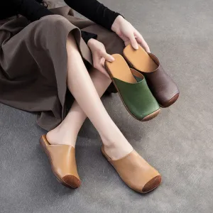 Women Retro Soft Leather Flat Casual Mules